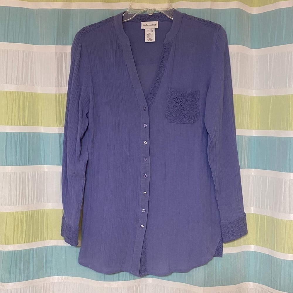 Soft Surrounding Crepe Gauzy Cotton Blouse Periwinkle Blue Sz Small Petite - Picture 9 of 9